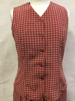 Womens, 1990s Vintage, Piece 1, CHARTER CLUB, Red, Tan Brown, Slate Blue, Silk, Diamonds, Circles, 14, Vest, V-neck, Button Front, Sleeveless,