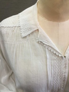 MTO, White, Cotton, Solid, Hook & Eyes Front, Collar Attached, Swiss Dot Collar/Shoulder/Placket/Cuff with Scalloped Trim, Back Collar Pleated, Light Smocking Near Shoulder Front,