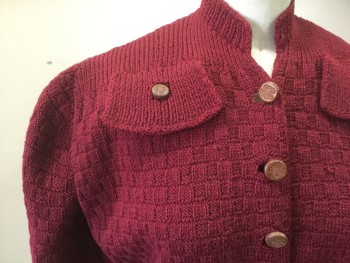 Womens, Sweater, MTO, Red Burgundy, Wool, Check , W28, B36, Made To Order, Button Front, 4 Pockets, Puff Long Sleeves, Checker Board Pattern