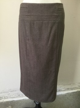 Womens, Skirt, Below Knee, 7TH AVENUE NY & CO, Dk Brown, Tan Brown, Polyester, Rayon, Herringbone, 4, Center Back Zipper,  Faux Welt Pockets, Design Lines