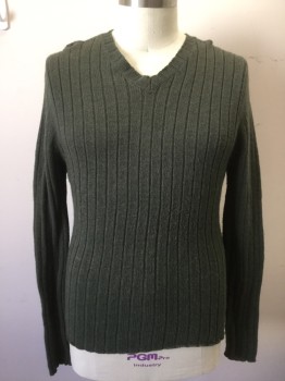 Mens, Pullover Sweater, BANANA REPUBLIC, Forest Green, Wool, Solid, XL, Ribbed Knit, L/S, V-N,