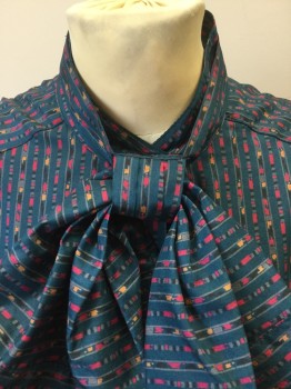 JANINE, Teal Blue, Hot Pink, Gray, Orange, Polyester, Novelty Pattern, Early 80's Blouse. 2 Piece, Hidden Button Front Collar Band, Long Sleeves, with Matching Detatchable Jabot