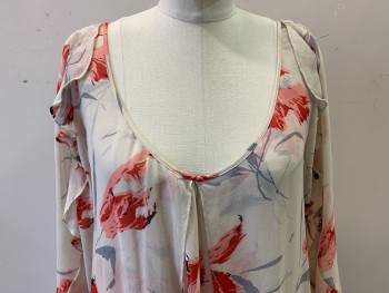 Womens, Dress, Long & 3/4 Sleeve, DVF, Ecru, Red, Pink, Gray, Silk, Floral, 10, Sheer Scoop Neck, 3/4 Sleeves, Ruffles On Sleeves and At Hem, Double Layered Body with Slit Down Center Front, Missing Belt