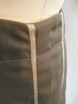 N/L, Taupe, Tan Brown, Brown, Polyester, Cotton, Solid, 2 Vertical Tucks At Side Front, with Tan 1/4" Wide Twill Trim Accents, 2 Columns Of 3 Brown Decorative Buttons Near Hem, Button Closures At Center Back Waist, Floor Length Hem, Made To Order,