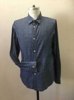 APC, Blue, White, Cotton, Heathered, Chambray, Button Front, Long Sleeves, Collar Attached,