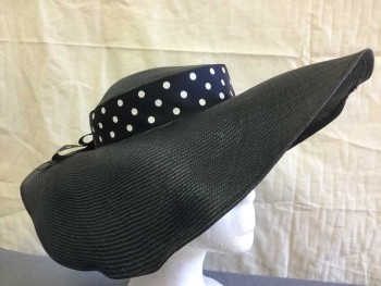 Womens, Hat, SAKS FIFTH AVE, Navy Blue, White, Straw, Solid, Polka Dots, 20", Navy Straw, Wide Brim, Navy and White Polka Dot Ribbon with Bow Center Back,