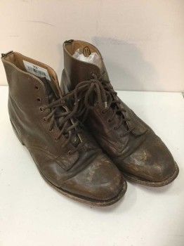 N/L, Brown, Leather, Solid, Lace Up Ankle Boot, Aged/Distressed,