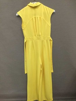 Womens, Jumpsuit, N/L, Yellow, Polyester, Solid, W:24, B:32, Tiny Cap Sleeves (Basically Sleeveless), 5 Button Placket, Notch Collar, Wide Leg, Self Ties At Waist,