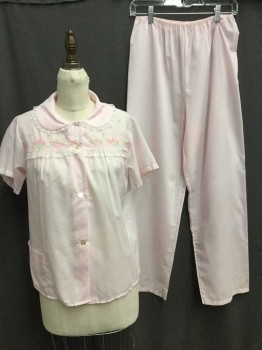 Womens, 1980s Vintage, Piece 1, NO LABEL, Lt Pink, White, Pink, Green, Cotton, Solid, Floral, Small, PJ Top, Short Sleeve,  Button Front, Peter Pan Collar, Floral Embroidery, White Lace Trim
