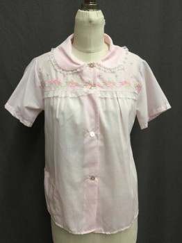 Womens, 1980s Vintage, Piece 1, NO LABEL, Lt Pink, White, Pink, Green, Cotton, Solid, Floral, Small, PJ Top, Short Sleeve,  Button Front, Peter Pan Collar, Floral Embroidery, White Lace Trim