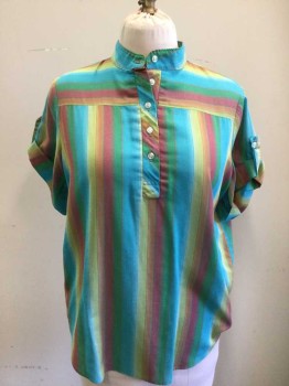 Womens, Blouse, SEARS, Turquoise Blue, Dusty Red, Green, Chartreuse Green, Cotton, Stripes - Vertical , Stripes - Horizontal , B 40, Horizontal Stripe Yoke, Vertical Stripe Body,Cuffed Short Sleeves with Button Tab, Band Collar, 1/2 Button Front