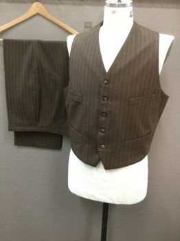 N/L, Brown, Dk Brown, White, Polyester, Wool, Stripes, Button Fly,  2 Pockets, Suspender Buttons,
