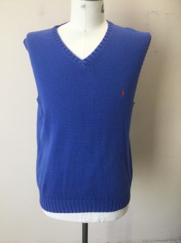 Mens, Sweater Vest, RALPH LAUREN, Royal Blue, Cotton, XL, Pullover, V Neck, Ribbed Sleeve and Waistband, Orange Polo Symbol