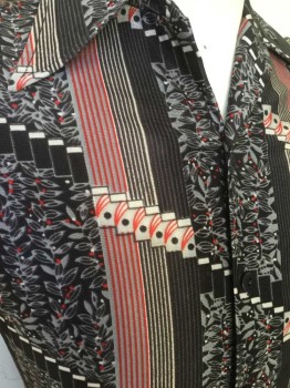 Mens, Shirt Disco, N/L, Black, Gray, Red, White, Polyester, Novelty Pattern, S, Floral Stripe, B.F., Pointy C.A., B.F., L/S,