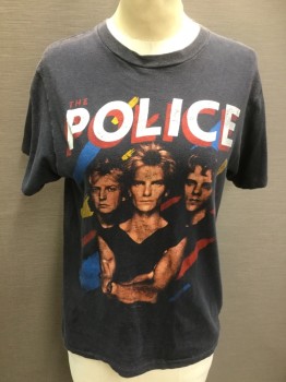 Womens, T-Shirt, HANES, Faded Black, Red, White, Teal Blue, Yellow, Polyester, Cotton, Human Figure, M, Faded Black with 3 Men & " POLICE" Front and "SYNCHRONICITY" Back Print, Crew Neck, Short Sleeves, (burned Shoulder)
