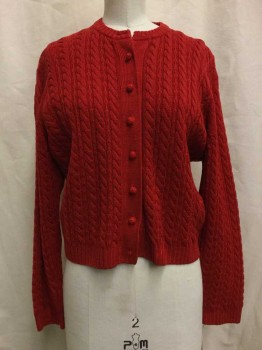 TALLY, Red, Wool, Solid, Cardigan, Cable Knit, Button Front,