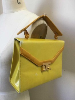 N/L, Lemon Yellow, Goldenrod Yellow, Gold, Leather, Solid, Two Tone Yellow, Gold Clasp Envelope Flap, Shaped Short Handle