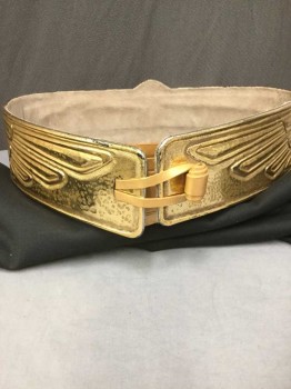 Unisex, Historical Fiction Belt, N/L, Gold, Tan Brown, Metallic/Metal, Leather, Animal Print, Gold Bird Spreading Wings with Snake Front Center, Leather Wrapped Barrel Like Buckle with Leather Hoop Closure