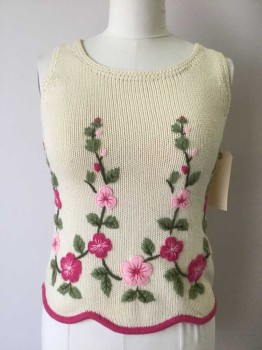 Womens, Sweater, FULLY FASHIONED, Cream, Lt Pink, Hot Pink, Olive Green, Lt Olive Grn, Wool, Floral, M, Sleeveless, Scoop Neck, Pink Trimmed Scallopped Hem, Embroiderred Vines and Flowers Front