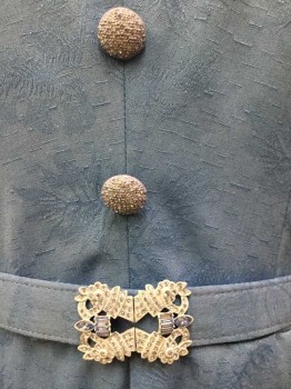 N/L, Cornflower Blue, Polyester, Floral, Self Floral Textured Brocade,  Cap Sleeves, V-neck, 3 Buttons,  Buttons Are Cornflower W/Silver Metallic Sparkles, Flared Out Skirt, Hem Below Knee, Gathered At Shoulder Seams, Made To Order **W/Matching Self Fabric Belt W/Jeweled Lt Blue Buckles