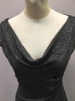 RALPH LAUREN, Pewter Gray, Polyester, Synthetic, Heathered, Blistered Wavey Textured Silver Gray Knit. Draped Cawl Neckline, Sleeveless, High Waisted with Pleated Drape Detail at Side Left Hip
