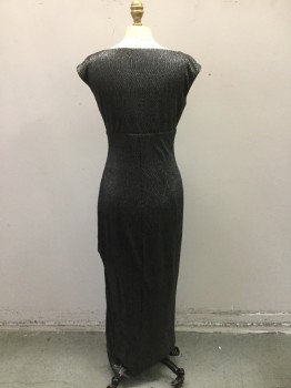 RALPH LAUREN, Pewter Gray, Polyester, Synthetic, Heathered, Blistered Wavey Textured Silver Gray Knit. Draped Cawl Neckline, Sleeveless, High Waisted with Pleated Drape Detail at Side Left Hip