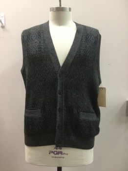 NO LABEL, Charcoal Gray, Navy Blue, Olive Green, Wool, Abstract , Sweater Vest, Navy/olive Novelty Print, Button Front, 2 Pockets,