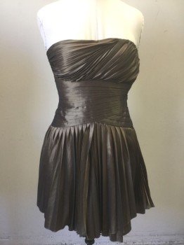 HALSTON HERITAGE, Bronze Metallic, Nylon, Polyester, Solid, Taffeta, Tightly Pleated Throughout in Various Directions, Strapless, Hem Above Knee