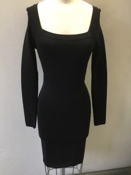 Womens, Dress, Long & 3/4 Sleeve, GUESS, Black, Nylon, Viscose, Stripes - Horizontal , Small, Square Neck, Knit, Body Contour, Center Back Detail Has Twisted Openings