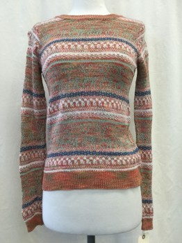 Womens, Pullover, SPARROW, Red, Orange, Sage Green, Teal Blue, White, Cotton, Polyester, Stripes, Novelty Pattern, S, Crew Neck,