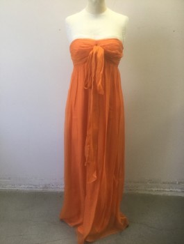 Womens, Evening Gown, MILLY, Orange, Silk, Solid, B:32", Size 6, Ribbed Texture Chiffon, Strapless, Empire Waist, Opaque Satin Under-Layer, Gathered/Knotted Detail at Bust with Self Bow Ties, Invisible Zipper at Center Back, Floor Length