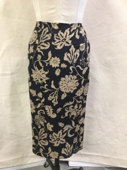 Womens, 1990s Vintage, Skirt, JONES NEW YORK, Black, Lt Brown, Silk, Floral, 10P, Straight, Below Knee, Side Zipper, Faux Wrap