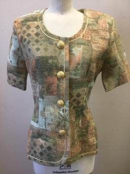 LADY CAROL PETITES, Beige, Peach Orange, Olive Green, Terracotta Brown, Sage Green, Poly/Cotton, Linen, Abstract , Muted Earthtones, Gold Metallic 1/8" Wide Trim, 3 Gold Metal Buttons at Front, Short Sleeves, Big Shoulder Pads, Scoop Neck,