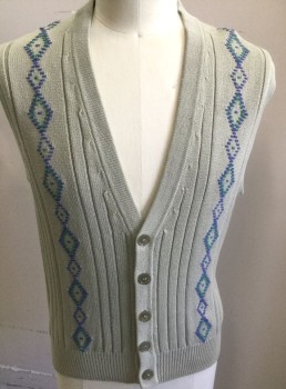 CLAIBORNE, Oatmeal Brown, Cornflower Blue, Teal Green, Cotton, Diamonds, with Ribbed Stripes, Button Front, V-neck