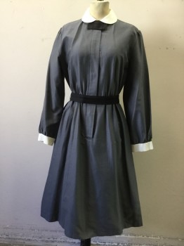 Womens, Dress, MTO, Medium Gray, White, Cotton, Solid, XL, Maid Uniform, Multiples, 3/4 Button Front, Long Sleeves, White Peter Pan Collar, White Cuffs, Elastic Waist, Hem Below Knee, Black Attached Bow Tie, Separate Gray Snap Belt, Shoulder Burn