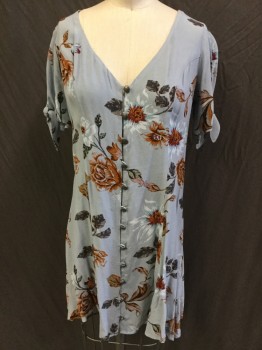 KIM CHI BLUE, Steel Blue, Brown, Gray, Lt Pink, Red Burgundy, Viscose, Floral, Steel Blue with Brown, Gray, Light Pink, Burgundy, Green Floral Print, Deep V-neck, Silver Button Front, Slit Short Sleeves with Self Tie, Flair Bottom