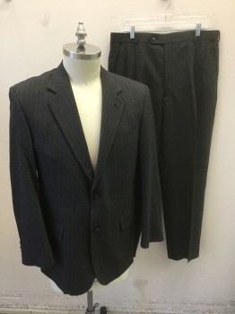 Mens, 1990s Vintage, Suit, Jacket, RAFAEL, Dk Gray, White, Wool, 42R, Dotted Pinstripes, Single Breasted, Notched Lapel, 2 Buttons, 3 Pockets, Solid Black Lining