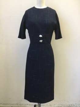 Womens, Dress, Short Sleeve, N/L, Navy Blue, White, Acrylic, Grid , W 26, B 34, Faded Grid Lines, Dolman Short Sleeves, Double Waistbands with Faux Tab Button Closures, Silver Stone Shaped Buttons, Hem Below Knee, Zip Back