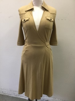 Womens, Dress, Long & 3/4 Sleeve, DVF, Caramel Brown, Wool, Solid, 8, Wrap Dress, 3/4 Sleeve, Collar Attached, 2 Chest Pockets with Flap Closure and Dark Brown Buttons, Self Ties at Waist, Side Pockets, Hem Below Knee **Bar Code Located at Front Behind Wrapped Neck