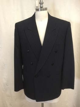 ITALIAN TAILORS, Navy Blue, White, Wool, Stripes - Pin, Double Breasted, Collar Attached, Peaked Lapel, 3 Pockets, 6 Buttons,