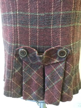 Womens, Skirt, Knee Length, NANETTE LEPORE, Red Burgundy, Dk Gray, Taupe, Wool, Plaid-  Windowpane, Sz.2, V Shaped Yoke at Waist, Pencil Skirt, Box Pleats at Center Back Hem with Horizontal Strap with Button Detail, Invisible Zipper at Center Back
