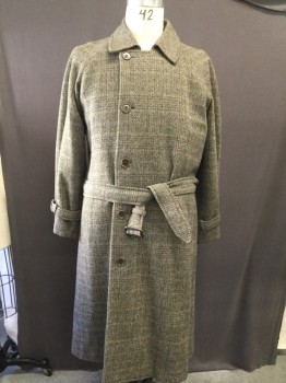 Mens, Coat, CERRUTI, Brown, Black, Gray, Orange, Wool, Plaid, Herringbone, 48, Single Breasted,  Slit Pockets, Collar Attached, Sleeve Strap, Attached Capelette, Belt with Brown Buckle