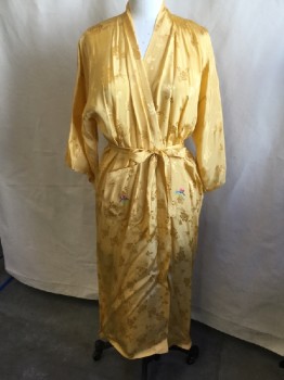 Womens, SPA Robe, ESME, Goldenrod Yellow, Teal Blue, Brown, Pink, Green, Silk, Floral, L, Open Front, 3/4 Sleeves, Chinese Them Embroidery in the Back and 2 Pockets,  Self Matching Belt