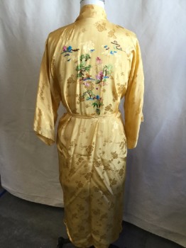 Womens, SPA Robe, ESME, Goldenrod Yellow, Teal Blue, Brown, Pink, Green, Silk, Floral, L, Open Front, 3/4 Sleeves, Chinese Them Embroidery in the Back and 2 Pockets,  Self Matching Belt