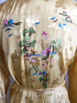 ESME, Goldenrod Yellow, Teal Blue, Brown, Pink, Green, Silk, Floral, Open Front, 3/4 Sleeves, Chinese Them Embroidery in the Back and 2 Pockets,  Self Matching Belt