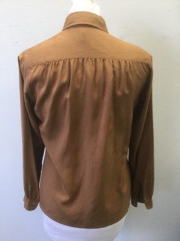 PATOUCHE/INSIGHTS, Caramel Brown, Silk, Solid, Long Sleeve Button Front, Peter Pan Collar Attached, Gathered at Shoulder Seams,