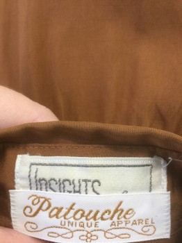 PATOUCHE/INSIGHTS, Caramel Brown, Silk, Solid, Long Sleeve Button Front, Peter Pan Collar Attached, Gathered at Shoulder Seams,