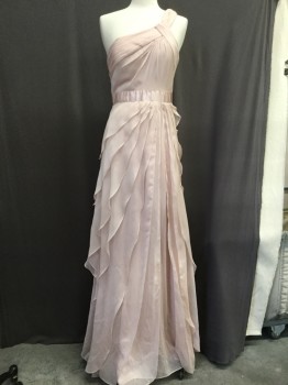 Womens, Evening Gown, ADRIANNA PAPELL, Blush Pink, Polyester, Solid, 6, Poly Chiffon, One Strap Shoulder W/pleated Detail, Satin Waist Ribbon, Draped Ruffed Skirt Detail