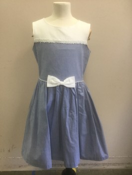 PRETTY AS A PICTURE, Lt Blue, White, Cotton, Solid, Light Blue Oxford Cloth with White Piqué Panel at Upper Chest, Sleeveless, Round Neck, White Floral Lace Trim Along Chest Seam , White Pique Bow at Waist, Knee Length