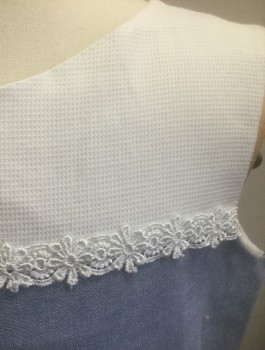 PRETTY AS A PICTURE, Lt Blue, White, Cotton, Solid, Light Blue Oxford Cloth with White Piqué Panel at Upper Chest, Sleeveless, Round Neck, White Floral Lace Trim Along Chest Seam , White Pique Bow at Waist, Knee Length